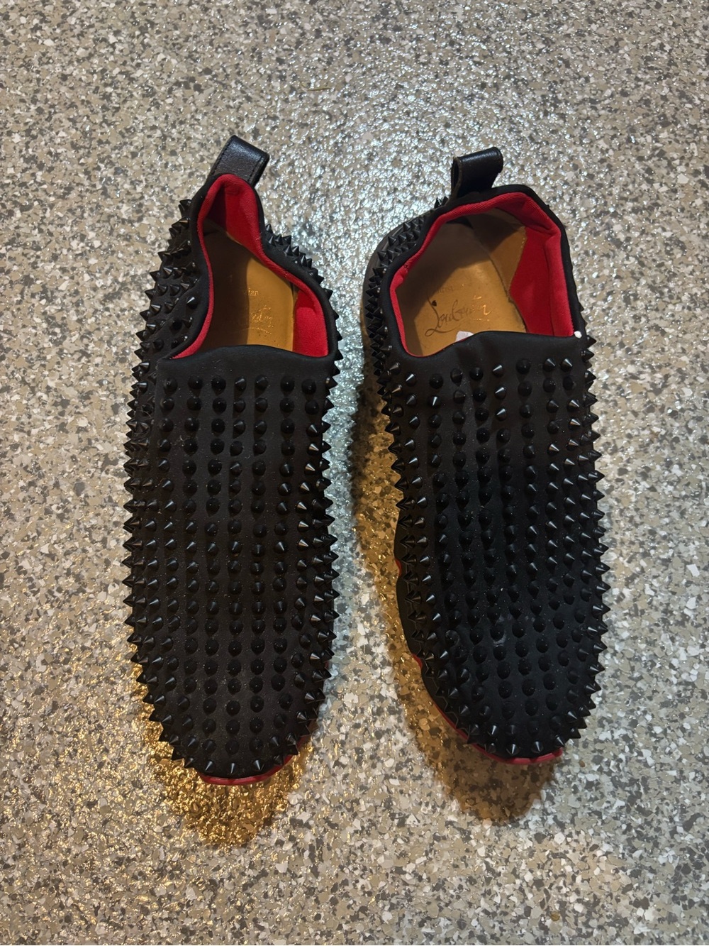 Christian Louboutin Black Spiked Slip-On Loafers with Red Lining Size 44 US 10